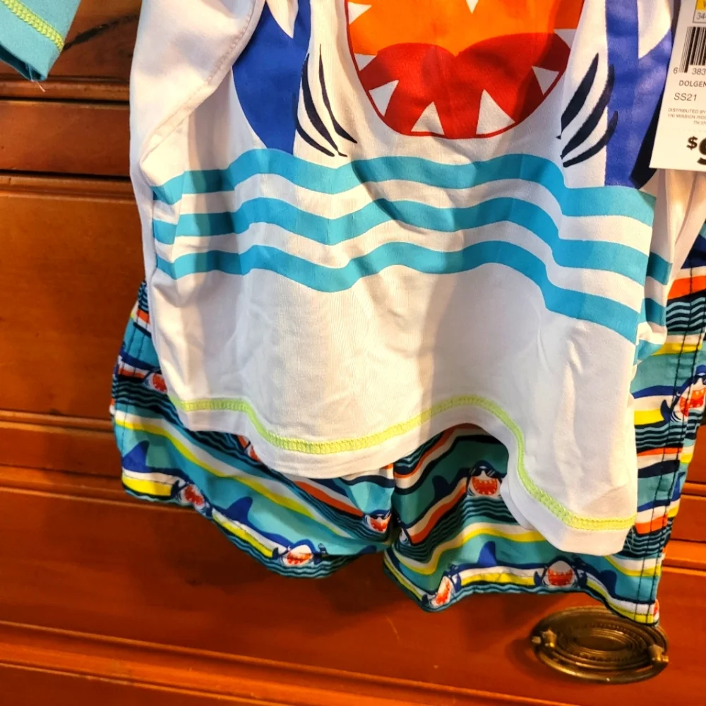 NEW 2 Pc Swim Trunks With Rash Guard Shirt ~4T~Quad Seven~Shark~